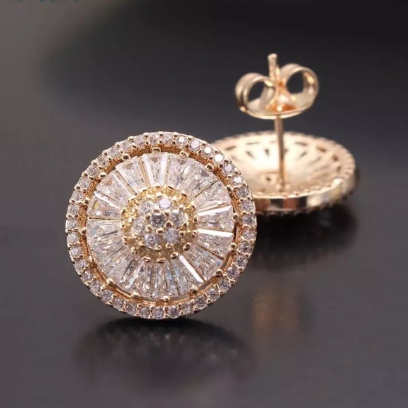 Luxury Cubic Zircon Stud Earrings Women CZ Jewelry Gold Plated Color Round - Picture 1 of 8